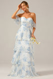 Robe longue de demoiselle d’honneur longue en mousseline de soie Boho Floral bleu blanc à volants