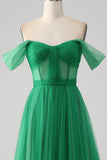 Robe de bal longue corset à épaules dénudées vert foncé