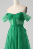 Robe de bal longue corset à épaules dénudées vert foncé