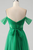 Robe de bal longue corset à épaules dénudées vert foncé