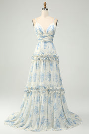 Robe de demoiselle d’honneur en tulle longue à bretelles spaghetti à bretelles bleues blanches et bleues