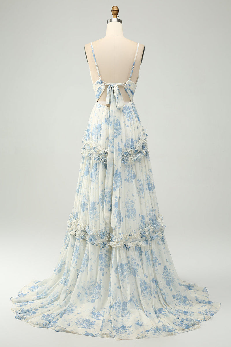 Charger l&#39;image dans la galerie, Robe de demoiselle d’honneur en tulle longue à bretelles spaghetti à bretelles bleues blanches et bleues