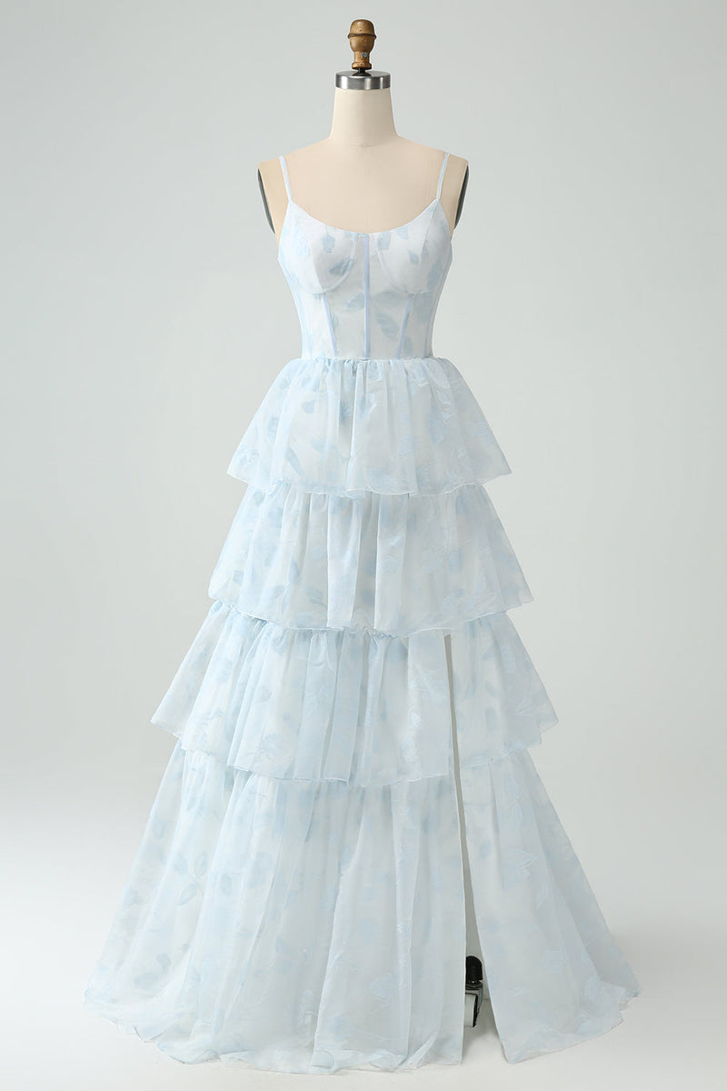 Charger l&#39;image dans la galerie, Robe de demoiselle d’honneur à volants corset à volants bleu clair avec fente