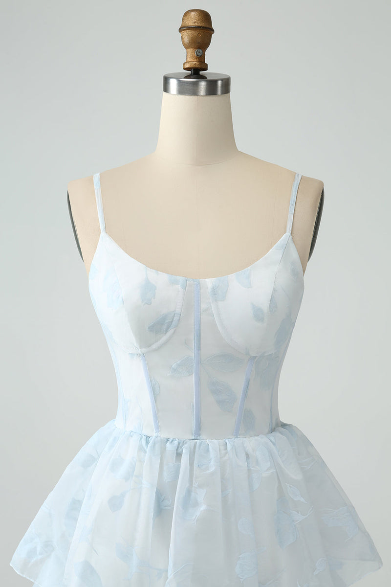 Charger l&#39;image dans la galerie, Robe de demoiselle d’honneur à volants corset à volants bleu clair avec fente