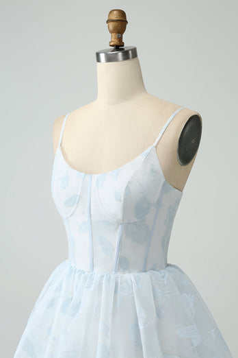 Robe de demoiselle d’honneur à volants corset à volants bleu clair avec fente