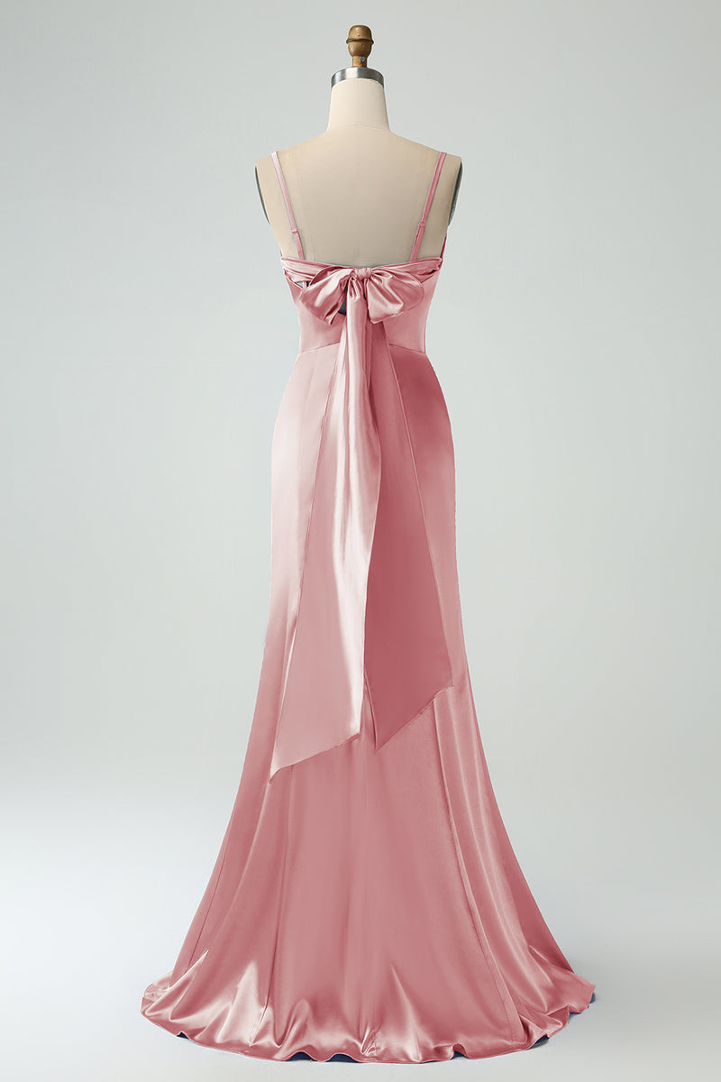 Charger l&#39;image dans la galerie, Robe de demoiselle d’honneur en satin longue à bretelles spaghetti sirène rose poussiéreuse avec fente