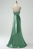 Charger l&#39;image dans la galerie, Robe de demoiselle d’honneur en satin longue à bretelles spaghetti sirène rose poussiéreuse avec fente