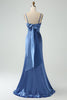Charger l&#39;image dans la galerie, Robe de demoiselle d’honneur en satin longue à bretelles spaghetti sirène bleu gris avec fente