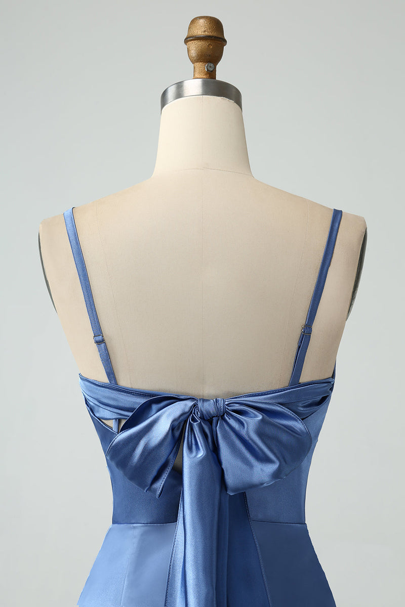 Charger l&#39;image dans la galerie, Robe de demoiselle d’honneur en satin longue à bretelles spaghetti sirène bleu gris avec fente