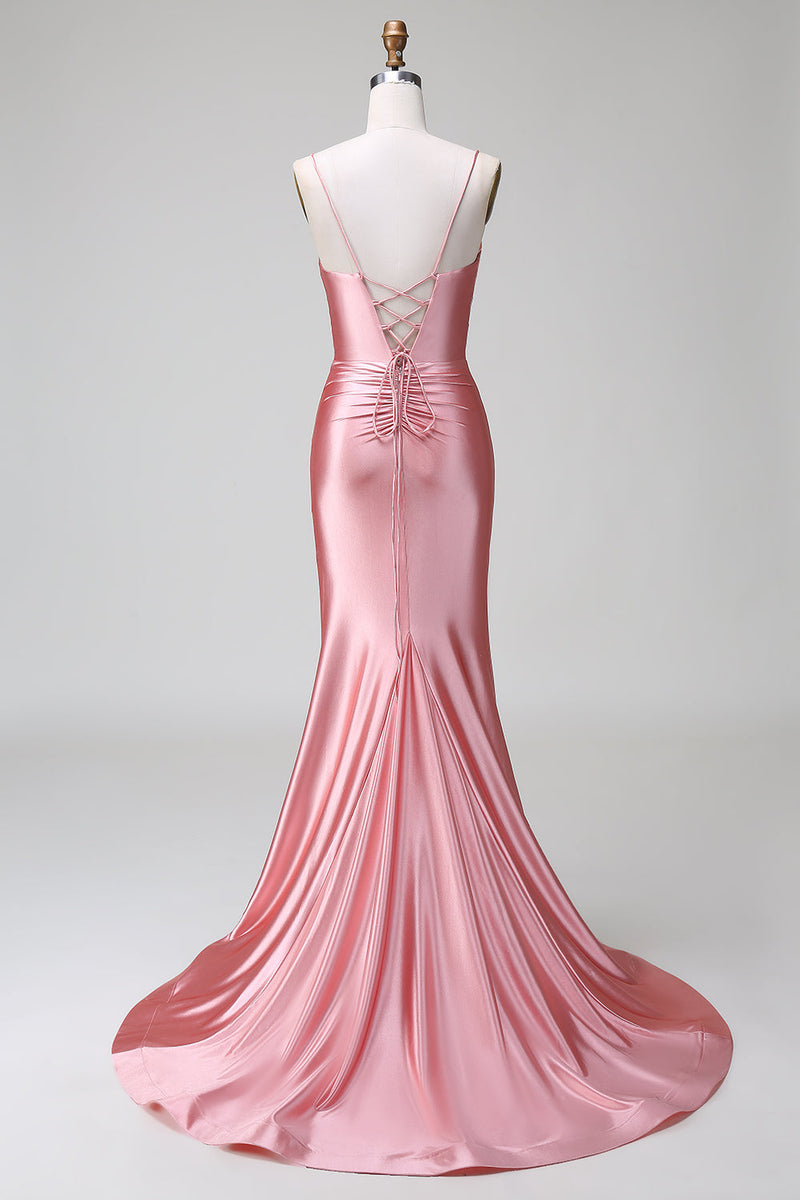 Charger l&#39;image dans la galerie, Blush Mermaid Spaghetti Straps Satin Robe de bal avec fente