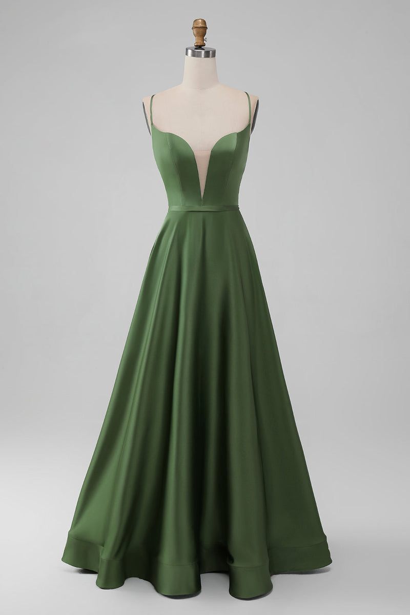 Charger l&#39;image dans la galerie, Robe de demoiselle d’honneur longue trapèze à col en V en satin vert