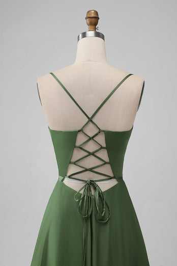 Robe de demoiselle d’honneur longue trapèze à col en V en satin vert