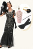 Charger l&#39;image dans la galerie, Robe longue à flancs perlés noir avec ensemble d’accessoires des années 20