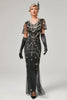 Charger l&#39;image dans la galerie, Robe longue à flancs perlés noir avec ensemble d’accessoires des années 20