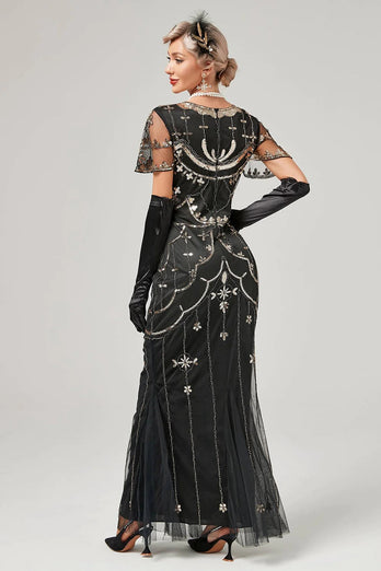 Robe longue à flancs perlés noir avec ensemble d’accessoires des années 20