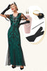 Charger l&#39;image dans la galerie, Robe longue à flancs perlés verts avec ensemble d’accessoires des années 20