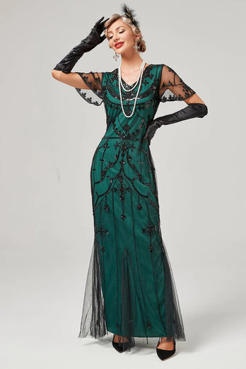 Robe longue à flancs perlés verts avec ensemble d’accessoires des années 20