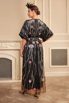 Robe longue surdimensionnée des années 20 fleur noire scintillante avec ensemble d’accessoires