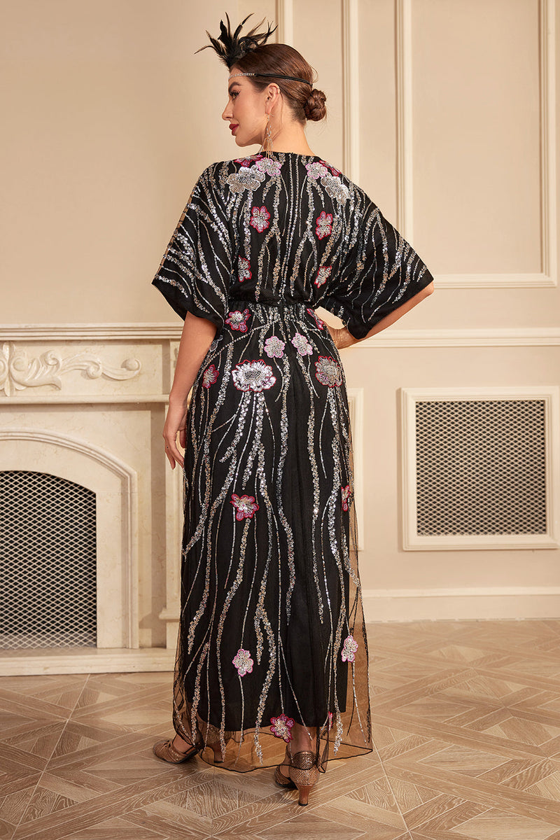 Charger l&#39;image dans la galerie, Robe longue surdimensionnée des années 20 fleur noire scintillante avec ensemble d’accessoires