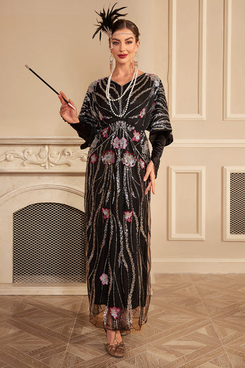 Robe longue surdimensionnée des années 20 fleur noire scintillante avec ensemble d’accessoires