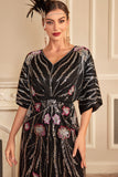 Robe longue surdimensionnée des années 20 fleur noire scintillante avec ensemble d’accessoires