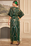 Paillettes de fleurs vert foncé scintillantes Robe longue des années 20 avec ensemble d’accessoires