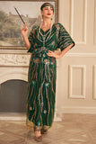Paillettes de fleurs vert foncé scintillantes Robe longue des années 20 avec ensemble d’accessoires