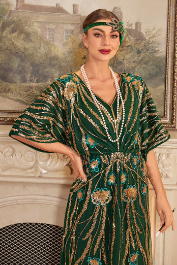 Paillettes de fleurs vert foncé scintillantes Robe longue des années 20 avec ensemble d’accessoires