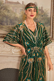 Paillettes de fleurs vert foncé scintillantes Robe longue des années 20 avec ensemble d’accessoires