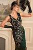 Charger l&#39;image dans la galerie, Robe à paillettes vert foncé à franges des années 20 avec ensemble d’accessoires