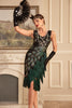 Charger l&#39;image dans la galerie, Robe à paillettes vert foncé à franges des années 20 avec ensemble d’accessoires