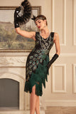 Robe à paillettes vert foncé à franges des années 20 avec ensemble d’accessoires