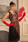 Robe scintillante Bordeaux à paillettes frangées des années 20 avec ensemble d’accessoires
