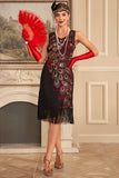 Robe scintillante Bordeaux à paillettes frangées des années 20 avec ensemble d’accessoires