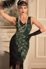 Charger l&#39;image dans la galerie, Robe scintillante vert foncé frangée perlée des années 20 avec ensemble d’accessoires