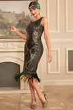 Robe à clapet sans manches à paillettes vertes à franges avec ensemble d’accessoires