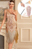 Abricot Sequins Fringe 1920s Flapper Dress avec 20s Accessories Set