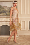 Abricot Sequins Fringe 1920s Flapper Dress avec 20s Accessories Set