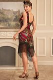 Robe à clapet à paillettes bordeaux scintillante à franges des années 1920 avec ensemble d’accessoires