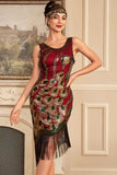 Robe à clapet à paillettes bordeaux scintillante à franges des années 1920 avec ensemble d’accessoires