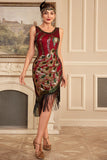 Robe à clapet à paillettes bordeaux scintillante à franges des années 1920 avec ensemble d’accessoires