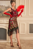 Robe à clapet à paillettes bordeaux scintillante à franges des années 1920 avec ensemble d’accessoires
