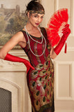 Robe à clapet à paillettes bordeaux scintillante à franges des années 1920 avec ensemble d’accessoires