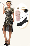 Robe noire à paillettes dorées des années 1920 avec ensemble de 5 accessoires