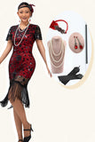 Robe moulante noire rouge à paillettes à paillettes des années 1920 avec ensemble de 5 accessoires