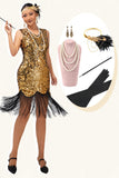 Robe moulante noire scintillante à franges dorées des années 1920 avec ensemble de 5 accessoires