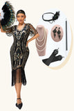 Robe moulante noire à franges dorées scintillantes des années 1920 avec ensemble de 5 accessoires