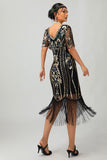 Robe moulante noire à paillettes dorées des années 1920 avec ensemble de 5 accessoires