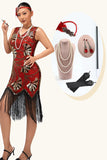 Robe à franges rouge paillettes dorées des années 1920 avec ensemble d’accessoires 5 pièces