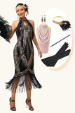 Noir doré dos nu trou de serrure frangé Gatsby des années 1920 robe avec ensemble d’accessoires 5 pièces